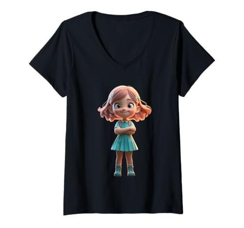 Damen Niedliches schüchternes Cartoon-Mädchen, lustiges Unisex-Design für Männer und Frauen T-Shirt mit V-Ausschnitt von Cute Shy Cartoon Girl Funny Unisex Design Tee
