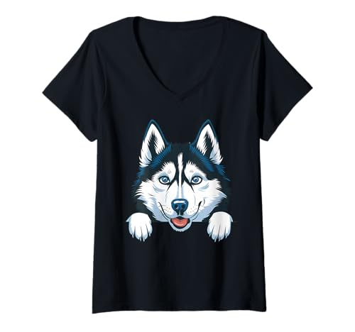 Damen Niedlicher Husky Peeking Puppy Funny Sibirian Husky Dog Lover T-Shirt mit V-Ausschnitt Damen Niedlicher Husky Peeking Puppy Funny Sibirian Husky Dog Lover T-Shirt mit V-Ausschnitt von Cute Siberian Husky Puppy Dog Lover