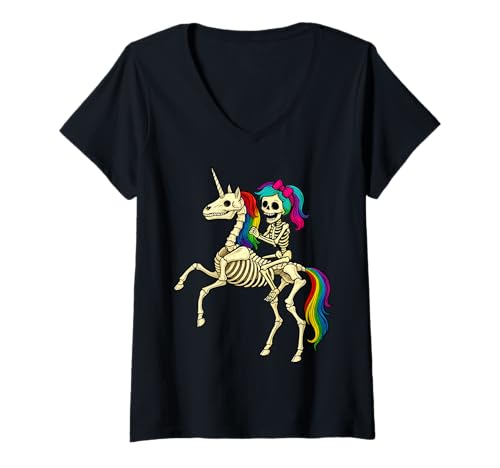 Damen Mädchen Skelett Reiten Bucking Einhorn Skelett Halloween T-Shirt mit V-Ausschnitt von Cute Skeleton Shirts & GIfts