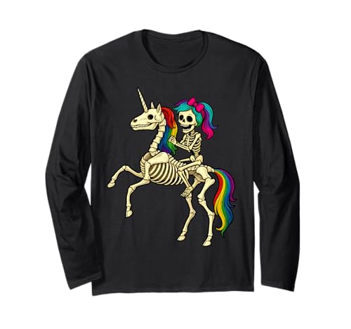 Mädchen Skelett Reiten Bucking Einhorn Skelett Halloween Langarmshirt von Cute Skeleton Shirts & GIfts