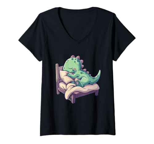 Damen Niedlicher Dinosaurier, schlafend, T-Rex, Nickerchen, Schlaf, Dinosaurier T-Shirt mit V-Ausschnitt Damen Niedlicher Dinosaurier, schlafend, T-Rex, Nickerchen, Schlaf, Dinosaurier T-Shirt mit V-Ausschnitt von Cute Sleeping Animals
