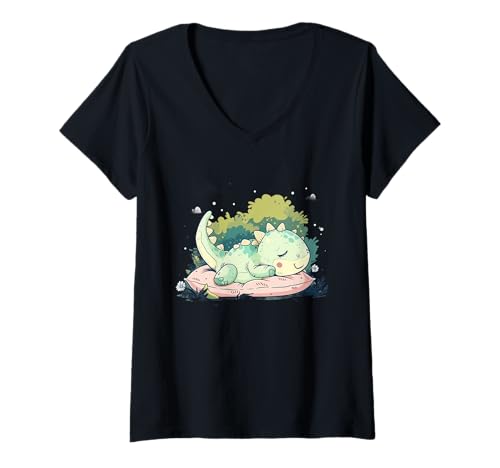 Damen Niedlicher Dinosaurier Schlafen Schlaf Dinosaurier Schlaf T-Rex Nickerchen T-Shirt mit V-Ausschnitt Damen Niedlicher Dinosaurier Schlafen Schlaf Dinosaurier Schlaf T-Rex Nickerchen T-Shirt mit V-Ausschnitt von Cute Sleeping Animals