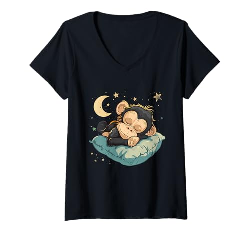 Damen Schlafender AFFE schläfriges Tier Nickerchen Mond schläfriger AFFE T-Shirt mit V-Ausschnitt Damen Schlafender AFFE schläfriges Tier Nickerchen Mond schläfriger AFFE T-Shirt mit V-Ausschnitt von Cute Sleeping Animals