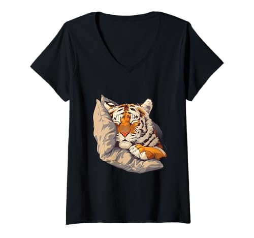 Damen Schlafender Tiger Nickerchen schlafendes Tier Sleepy Tiger T-Shirt mit V-Ausschnitt Damen Schlafender Tiger Nickerchen schlafendes Tier Sleepy Tiger T-Shirt mit V-Ausschnitt von Cute Sleeping Animals