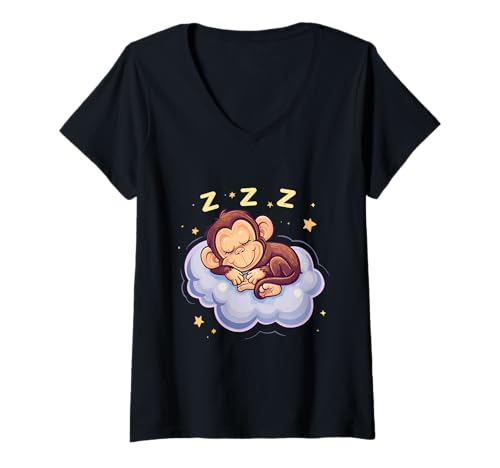 Damen Sleep Monkey Schlafender AFFE Wolke schlafendes Tier Nickerchen T-Shirt mit V-Ausschnitt Damen Sleep Monkey Schlafender AFFE Wolke schlafendes Tier Nickerchen T-Shirt mit V-Ausschnitt von Cute Sleeping Animals