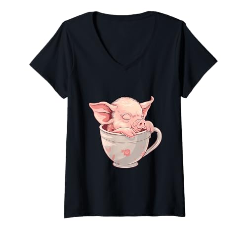 Damen Süßes Schwein, das schläft, schläfriges Tier, das schläfriges Schwein schläft T-Shirt mit V-Ausschnitt Damen Süßes Schwein, das schläft, schläfriges Tier, das schläfriges Schwein schläft T-Shirt mit V-Ausschnitt von Cute Sleeping Animals