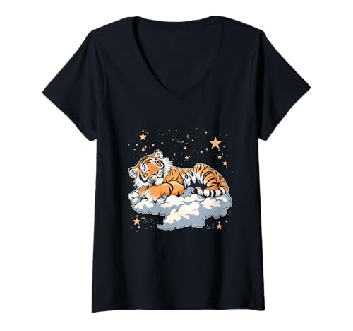 Damen Tiger Schlafendes Nickerchen schlafendes Tier Wolke Sleepy Tiger T-Shirt mit V-Ausschnitt Damen Tiger Schlafendes Nickerchen schlafendes Tier Wolke Sleepy Tiger T-Shirt mit V-Ausschnitt von Cute Sleeping Animals