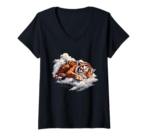 Damen Tiger Sleep Süßer Tiger, der schläft und EIN Nickerchen Macht, Wolkentiger T-Shirt mit V-Ausschnitt Damen Tiger Sleep Süßer Tiger, der schläft und EIN Nickerchen Macht, Wolkentiger T-Shirt mit V-Ausschnitt von Cute Sleeping Animals
