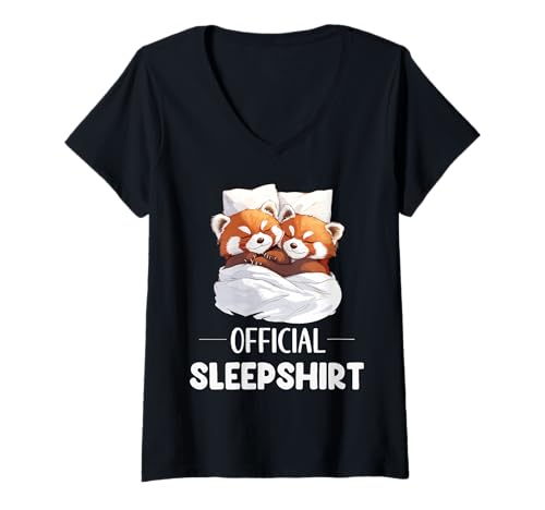 Damen Offizielles Schlafshirt schlafender roter Panda Tierliebhaber Pyjama T-Shirt mit V-Ausschnitt von Cute Sleeping Red Pandas Pajama