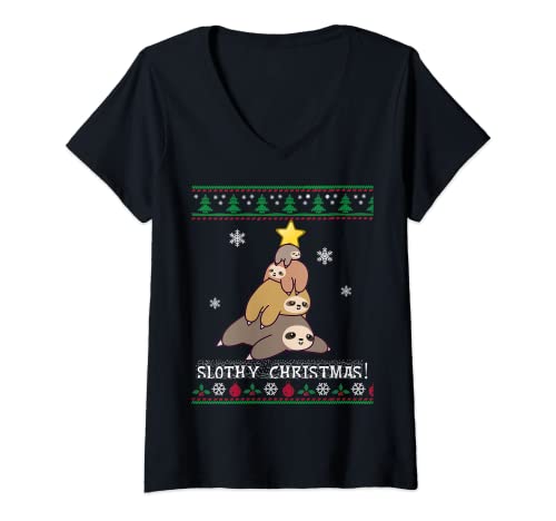Damen Lustiges Faultier Weihnachtspullover T-Shirt für Damen Herren T-Shirt mit V-Ausschnitt von Cute Sloth Animal Shirts