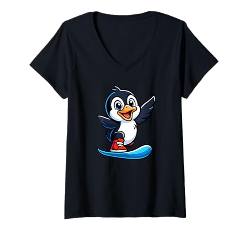 Damen Snowboard Pinguin Cute Winter Animal Cartoon Cool T-Shirt mit V-Ausschnitt von Cute Snowboarding Penguin Winter Animal Sport Fun