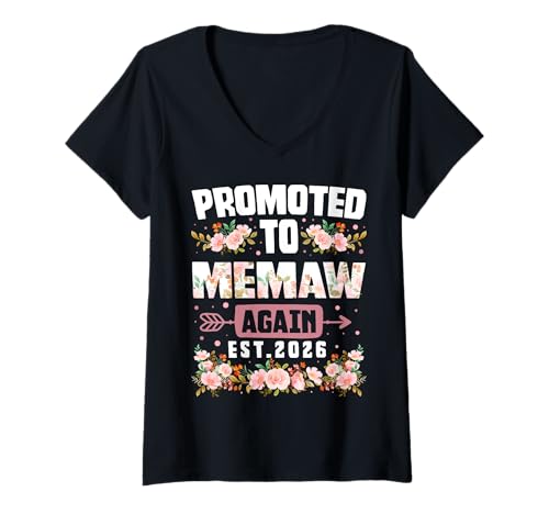 Damen Erneut zu Memaw befördert 2026 Cute Flower Mother's Day T-Shirt mit V-Ausschnitt von Cute Soon To Be Mother Again 2026 Funny Pregnancy