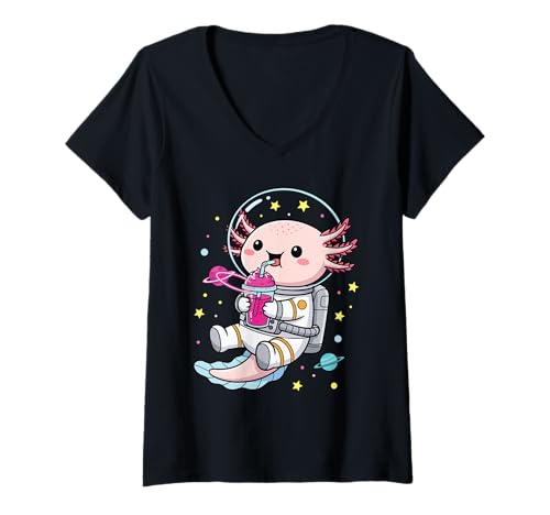 Damen Der Kawaii-Astronaut Axolotl trinkt matschige Weltraumkunst T-Shirt mit V-Ausschnitt von Cute Space Axolotl Slushy Art Tees for All Ages