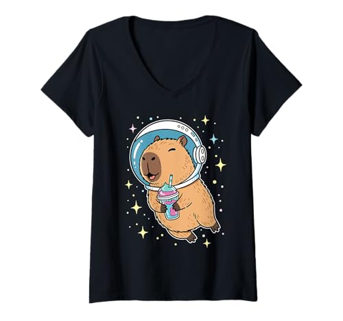 Damen Kawaii Astronaut Capybara trinkt Slushy Space Art T-Shirt T-Shirt mit V-Ausschnitt von Cute Space Capybara Slushy Art Tees for All Ages