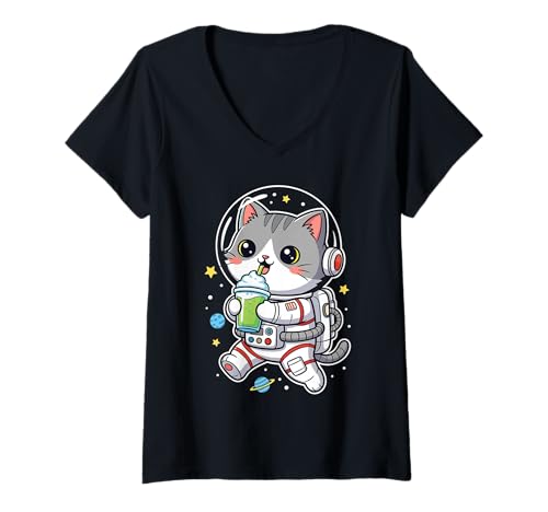 Damen Kawaii Astronaut Katze trinkt Slushy Space Art T-Shirt mit V-Ausschnitt Damen Kawaii Astronaut Katze trinkt Slushy Space Art T-Shirt mit V-Ausschnitt von Cute Space Cat Slushy Art Tees for All Ages