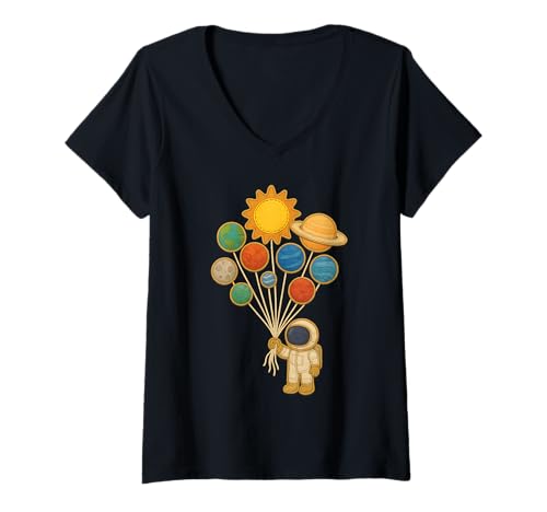 Damen Astronaut hält Planet Luftballons Sonnensystem Wissenschaft Weltraum T-Shirt mit V-Ausschnitt von Cute Space Galaxy Boys Girls Kids Toddler Gifts