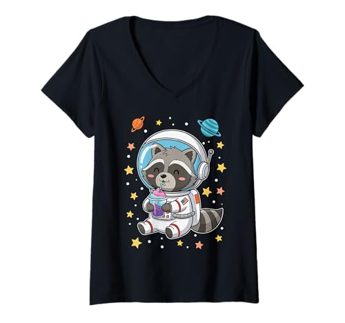 Damen Kawaii Astronaut Waschbär trinkt Slushy Space Art T-Shirt mit V-Ausschnitt Damen Kawaii Astronaut Waschbär trinkt Slushy Space Art T-Shirt mit V-Ausschnitt von Cute Space Raccoon Slushy Art Tees for All Ages