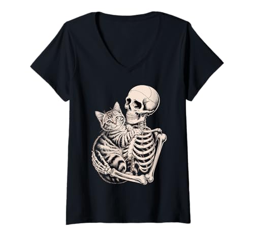 Damen Skelett umarmende Katze Lustiger Halloween Katzenliebhaber T-Shirt mit V-Ausschnitt von Cute Spooky Cat Lover Halloween for Moms and Dads