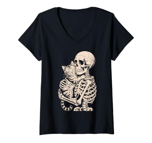 Damen Skelett umarmende Katze Lustiger Halloween Katzenliebhaber T-Shirt mit V-Ausschnitt von Cute Spooky Cat Lover Halloween for Moms and Dads