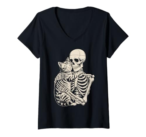 Damen Skelett umarmende Katze Lustiger Halloween Katzenliebhaber T-Shirt mit V-Ausschnitt von Cute Spooky Cat Lover Halloween for Moms and Dads