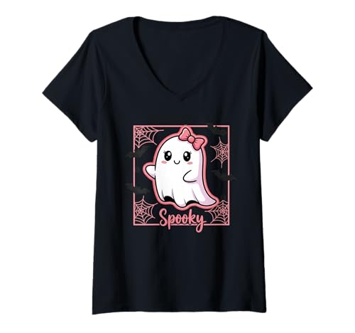Damen Spooky Halloween Geist mit Schleifendesign und Spinnweben T-Shirt mit V-Ausschnitt Damen Spooky Halloween Geist mit Schleifendesign und Spinnweben T-Shirt mit V-Ausschnitt von Cute Spooky Designs