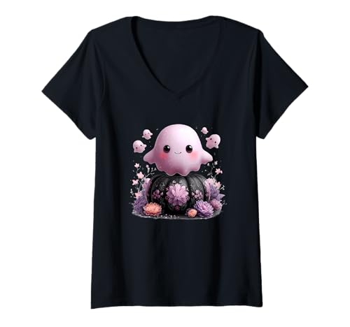 Damen Entzückender Geist mit floralem Kürbis-Design T-Shirt mit V-Ausschnitt von Cute Spooky Ghost Floral Halloween Art