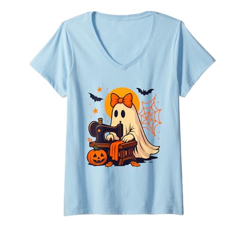 Damen Lustiges Nähgeister-Kostüm für Frauen, niedliches Quilten, Halloween T-Shirt mit V-Ausschnitt Damen Lustiges Nähgeister-Kostüm für Frauen, niedliches Quilten, Halloween T-Shirt mit V-Ausschnitt von Cute Spooky Ghost Seamstress Halloween Sewing Tee