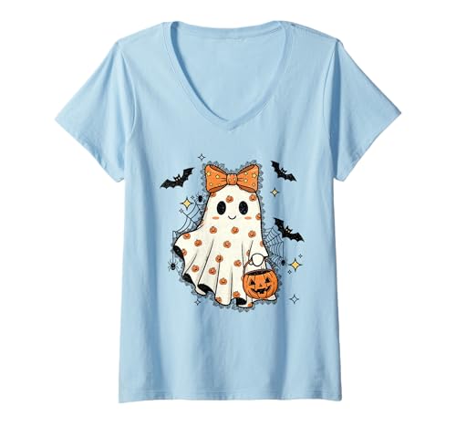 Damen Spitze Geist Kokette Schleife Kürbis Gruselsaison T-Shirt mit V-Ausschnitt Damen Spitze Geist Kokette Schleife Kürbis Gruselsaison T-Shirt mit V-Ausschnitt von Cute Spooky Halloween Lace Ghost Co.