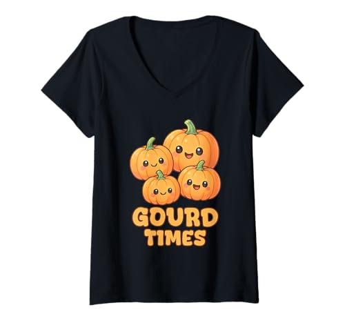 Damen Gourd Times Kawaii Kürbisse Halloween Jack o Laterne T-Shirt mit V-Ausschnitt Damen Gourd Times Kawaii Kürbisse Halloween Jack o Laterne T-Shirt mit V-Ausschnitt von Cute Spooky Halloween Pumpkin Kawaii Family Design