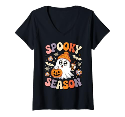 Damen Süße Ghost Drink Coffee Halloween-Mütze für Mädchen und Frauen T-Shirt mit V-Ausschnitt von Cute Spooky Season Ghost Pumpkin Halloween