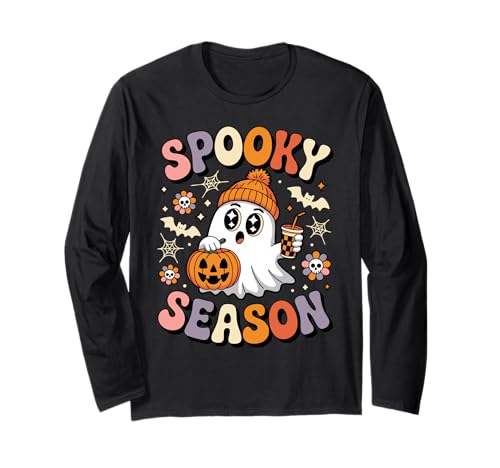 Süße Ghost Drink Coffee Halloween-Mütze für Mädchen und Frauen Langarmshirt von Cute Spooky Season Ghost Pumpkin Halloween
