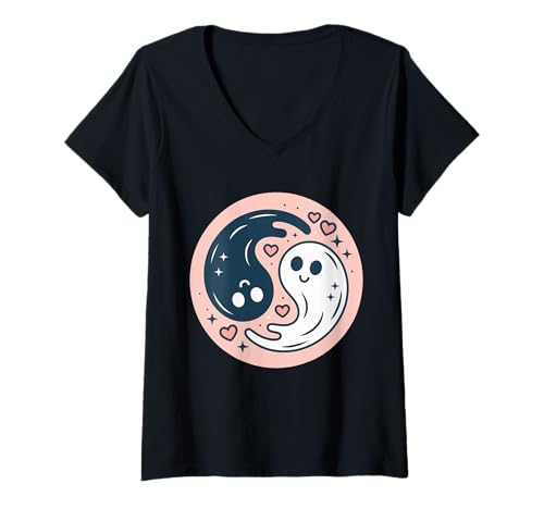 Damen Süße Spuk-Geister Yin Yang Halloween Deko T-Shirt mit V-Ausschnitt Damen Süße Spuk-Geister Yin Yang Halloween Deko T-Shirt mit V-Ausschnitt von Cute Spooky Spirit Apparel
