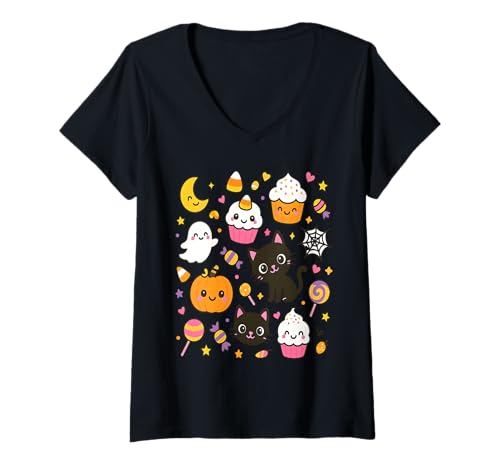 Damen Kawaii Halloween Candy Süßes Katzen-Kürbiskostüm T-Shirt mit V-Ausschnitt von Cute Spooky Sweets Family Halloween Gifts