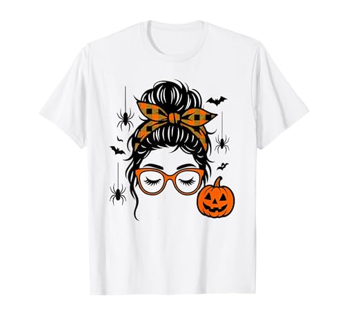 Unordentlicher Haarbrötchen mit Kürbismotiv, gruselig, für Halloween, Damen und Mädchen T-Shirt Unordentlicher Haarbrötchen mit Kürbismotiv, gruselig, für Halloween, Damen und Mädchen T-Shirt von Cute Spooky Vibes Halloween Costume Women Girls