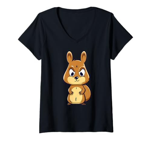 Damen Niedliches mürrisches Eichhörnchen, lustiger Cartoon-Tierliebhaber T-Shirt mit V-Ausschnitt von Cute Squirrel