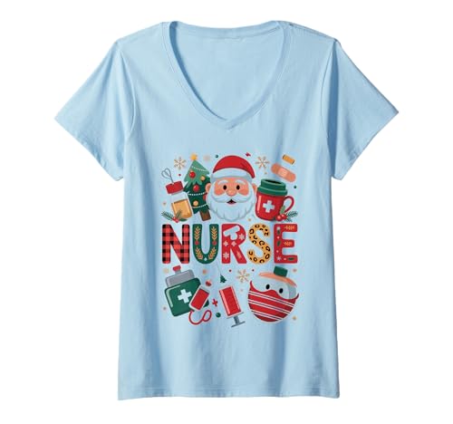 Damen Stethoskop Krankenschwester Weihnachten Nikolausmütze Stillen T-Shirt mit V-Ausschnitt Damen Stethoskop Krankenschwester Weihnachten Nikolausmütze Stillen T-Shirt mit V-Ausschnitt von Cute Stethoscope Nurse Christmas Santa Hat Nursing