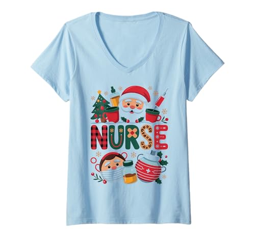 Damen Stethoskop Krankenschwester Weihnachten Nikolausmütze Stillen T-Shirt mit V-Ausschnitt Damen Stethoskop Krankenschwester Weihnachten Nikolausmütze Stillen T-Shirt mit V-Ausschnitt von Cute Stethoscope Nurse Christmas Santa Hat Nursing
