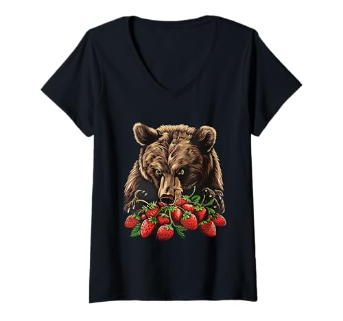 Damen Erdbeer Bär Portrait Erdbeere Obst Motiv Tierkunst T-Shirt mit V-Ausschnitt Damen Erdbeer Bär Portrait Erdbeere Obst Motiv Tierkunst T-Shirt mit V-Ausschnitt von Cute Strawberry Animals