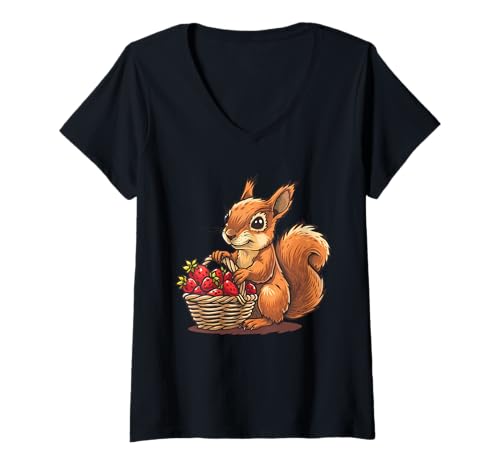 Damen Erdbeer-Eichhörnchen-Wildtiere, niedliches Eichhörnchen, Tierkunst-Motiv T-Shirt mit V-Ausschnitt Damen Erdbeer-Eichhörnchen-Wildtiere, niedliches Eichhörnchen, Tierkunst-Motiv T-Shirt mit V-Ausschnitt von Cute Strawberry Animals