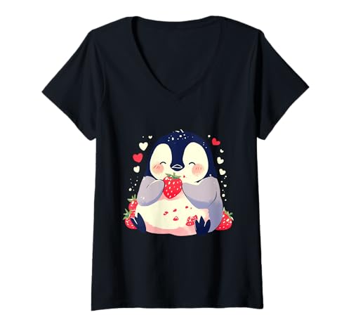 Damen Erdbeer-Pinguin Natur Süßes Herz Erdbeere Obst T-Shirt mit V-Ausschnitt Damen Erdbeer-Pinguin Natur Süßes Herz Erdbeere Obst T-Shirt mit V-Ausschnitt von Cute Strawberry Animals