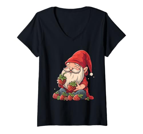Damen Erdbeer-Zwerg bunt lustig Zwerg Erdbeeren Kunstwerk T-Shirt mit V-Ausschnitt Damen Erdbeer-Zwerg bunt lustig Zwerg Erdbeeren Kunstwerk T-Shirt mit V-Ausschnitt von Cute Strawberry Animals
