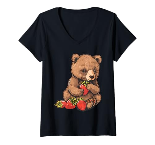 Damen Erdbeerbär Tierdruck Erdbeeren Zeichnung Niedlicher Bär T-Shirt mit V-Ausschnitt Damen Erdbeerbär Tierdruck Erdbeeren Zeichnung Niedlicher Bär T-Shirt mit V-Ausschnitt von Cute Strawberry Animals