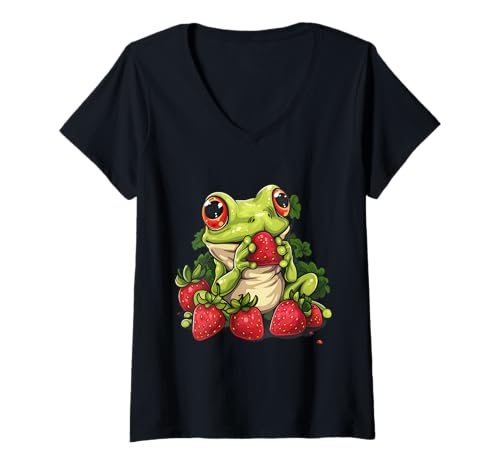 Damen Erdbeerfrosch Erdbeeren Tierdruck Wildtierzeichnung T-Shirt mit V-Ausschnitt von Cute Strawberry Animals