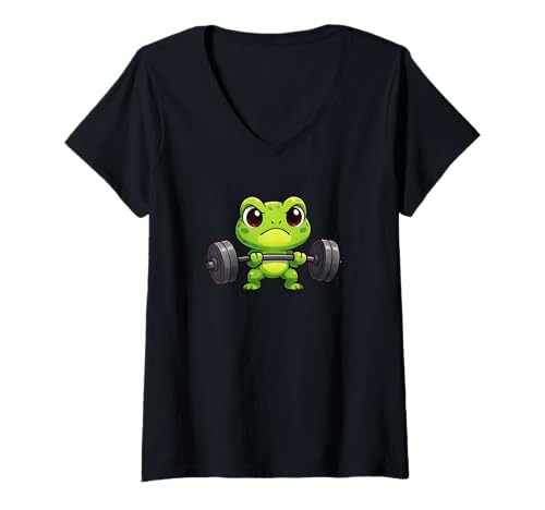 Damen Starker Cartoon-Frosch-Gewichtheber, Fitnessstudio, Humor T-Shirt mit V-Ausschnitt Damen Starker Cartoon-Frosch-Gewichtheber, Fitnessstudio, Humor T-Shirt mit V-Ausschnitt von Cute Strength Training Frog Fitness Humor