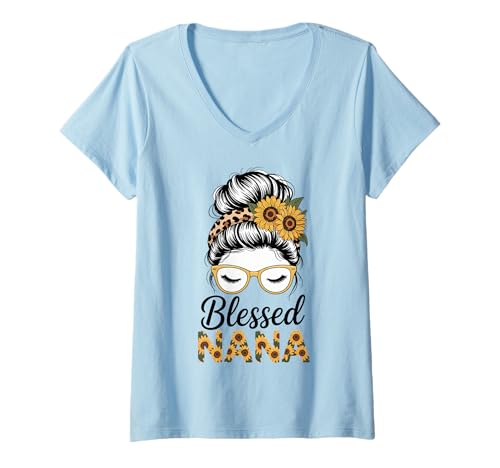 Damen Trendige Oma Messy Bun Sonnenblume Gläser Oma Geschenk T-Shirt mit V-Ausschnitt von Cute Stylish Nana Gifts for Grandma and Family