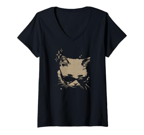Damen Y2K Cat Sunglasses 90s 2000s Grunge Vintage Graphic T-Shirt mit V-Ausschnitt von Cute Sunglasses Cat y2k Grunge Aesthetic