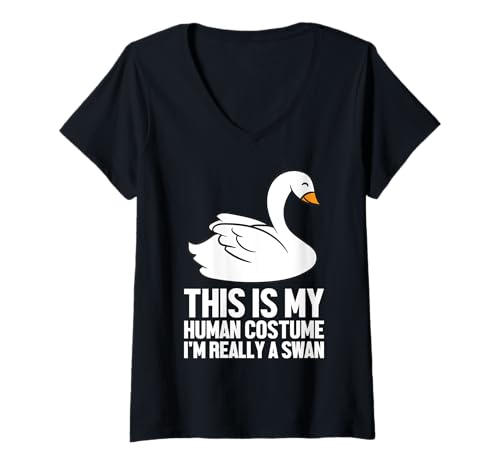 Damen Das ist mein menschliches Kostüm Ich bin wirklich ein Schwan T-Shirt mit V-Ausschnitt von Cute Swan Tees And Gifts