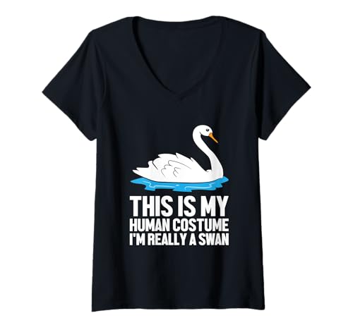 Damen Schwanenkostüm "This Is My Human Costume I'm Really A Swan" T-Shirt mit V-Ausschnitt von Cute Swan Tees And Gifts