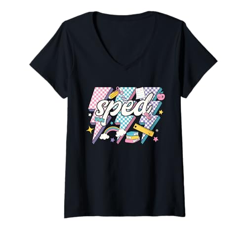 Damen SPED Teacher Squad Lightning Bolts Special Education Geschenke T-Shirt mit V-Ausschnitt von Cute Teacher Squad SPED Crew back to school gifts
