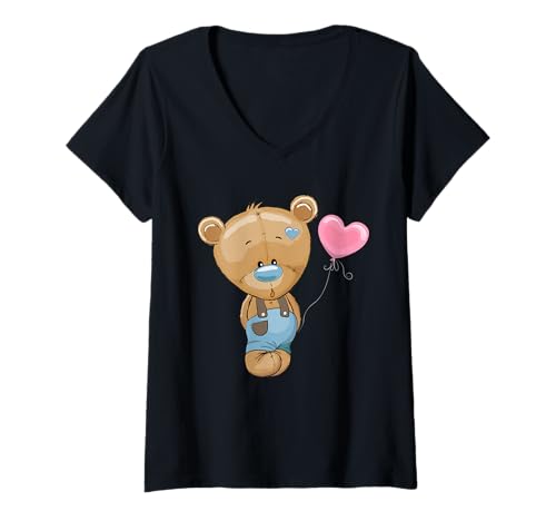 Damen Süßer Teddybär - entzückender Bär mit Herzballon T-Shirt mit V-Ausschnitt Damen Süßer Teddybär - entzückender Bär mit Herzballon T-Shirt mit V-Ausschnitt von Cute Teddy Bear Heart Balloon Design Woman Kids